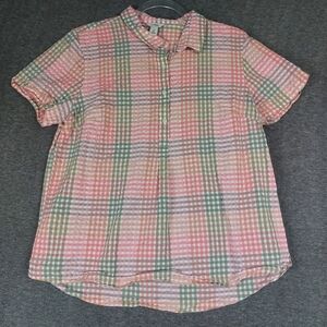 L.L. BEAN WOMENS PINK GREEN GINGHAM SHORT SLEEVE HALF BUTTON UP COTTON TOP M